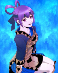  armor chiru_(sanifani) female gensou_suikoden gensou_suikoden_v headband looking_at_viewer miakis_(suikoden) open_mouth purple_eyes purple_hair short_hair skirt smile solo 