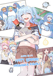  6+girls animal_costume animalization apron baby_penguin bang_dream! bird blue_hair closed_eyes drum drumsticks emperor_penguin employee_uniform fast_food_uniform half_updo happy_birthday hazawa_tsugumi hello_happy_world! highres holding holding_drumsticks insignia instrument jellyfish kitazawa_hagumi kyudoli light_blue_hair long_hair maruyama_aya matsubara_kanon multiple_girls okusawa_misaki one_side_up penguin penguin_costume purple_eyes sailor_collar sailor_shirt seta_kaoru shirasagi_chisato shirt smile snare_drum solo_focus tsurumaki_kokoro uniform 