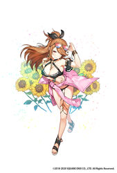  bikini black_bikini black_nails bracelet breasts brown_hair cleavage closed_mouth detached_sleeves eyewear_on_head female fingernails flower full_body highres jewelry kotoribako large_breasts looking_at_viewer nail_polish one_eye_closed red-tinted_eyewear red_eyes romancing_saga_re;universe saga sandals short_sleeves smile solo sunflower sunglasses swimsuit tinted_eyewear toenails watermark 