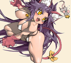  animal animal_ear_fluff animal_ears bikini breasts cat_ears cat_girl cat_tail chasing cheese claws commentary_request covered_nipples female food food_in_mouth fur large_breasts long_hair micro_bikini mouse_(animal) narrow_waist oerba_yun_fang open_mouth original photoshop_(medium) purple_hair ribbon slit_pupils spaghetti_strap swimsuit tail tail_ornament tail_ribbon thick_thighs thighs very_long_hair white_bikini yellow_eyes ysk! 