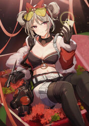  absurdres bandeau black_gloves black_shorts black_thighhighs bow breasts cellphone changpan_hutao cleavage commission double_bun eyewear_on_head female folding_knife fur-trimmed_sleeves fur_trim gas_mask girls&#039;_frontline gloves hair_bun hairbow highres holding holding_knife holding_phone jacket knife light_brown_hair mask medium_breasts midriff navel official_alternate_costume p90_(girls&#039;_frontline) p90_(scarlet_turbo)_(girls&#039;_frontline) phone pixiv_commission red_bow red_eyes red_jacket short_shorts shorts smartphone solo sunglasses thighhighs tinted_eyewear yellow-tinted_eyewear 