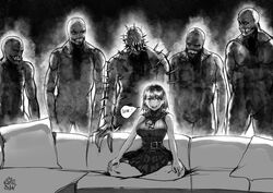  5boys ashley_graham belt breasts couch curtained_hair english_commentary female full_body greyscale hands_on_lap highres indian_style iron_maiden_(resident_evil) large_breasts loose_belt meme monochrome monster_boy multiple_boys no_penis on_couch parody piper_perri_surrounded_(meme) regenerador resident_evil resident_evil_4 ribbed_sweater sharp_teeth short_hair sitting skirt sleeveless sleeveless_turtleneck spikes surrounded sweat sweater sweater_around_neck teeth the_golden_smurf turtleneck upper_teeth_only you_gonna_get_raped zombie 