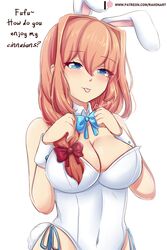  :p absurdres aged_up alternate_hair_length alternate_hairstyle animal_ears artist_name bare_shoulders blue_bow blue_bowtie blue_eyes bow bowtie breasts cleavage commentary detached_collar doki_doki_literature_club english_commentary english_text eyes_visible_through_hair female hair_between_eyes hair_over_shoulder hairbow highres large_breasts leotard light_blush light_brown_hair long_hair patreon_username playboy_bunny rabbit_ears rabbit_tail raion_(raionart) red_bow sayori_(doki_doki_literature_club) smile solo tail tongue tongue_out upper_body white_leotard wrist_cuffs 