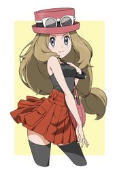  bad_id bad_twitter_id bag border bracelet breasts brown_hair closed_mouth collared_shirt commentary_request cowboy_shot eyelashes eyewear_on_headwear female grey_eyes hand_up handbag hat high-waist_skirt highres ia_(ilwmael9) jewelry long_hair mega_ring pink_bag pink_hat pokemon pokemon_xy red_skirt serena_(pokemon) shirt skirt sleeveless sleeveless_shirt smile solo sunglasses thighhighs white-framed_eyewear white_border yellow_background 