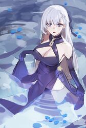  absurdres azur_lane bad_id bad_pixiv_id bare_shoulders belfast_(azur_lane) belfast_(the_noble_attendant)_(azur_lane) blush braid breasts chains cleavage dress elbow_gloves female gloves hair_ribbon halter_dress halterneck highres large_breasts long_hair looking_at_viewer official_alternate_costume orn purple_eyes ribbon solo wading wet white_hair 