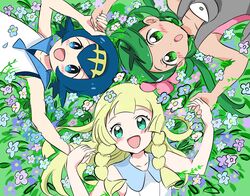  3girls :d anzu_(01010611) bad_id bad_twitter_id bare_arms blonde_hair blue_eyes blue_hair blush braid collarbone commentary_request flower green_eyes green_hair hair_flower hair_ornament hairband highres holding_hands lana_(pokemon) lillie_(pokemon) long_hair looking_at_viewer lying mallow_(pokemon) multiple_girls no_sclera on_back open_mouth pink_flower pokemon pokemon_sm sailor_collar short_hair smile swept_bangs tongue twin_braids twintails 