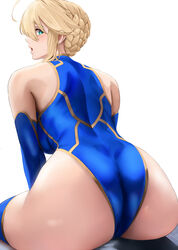  ahoge artoria_pendragon_(fate) artoria_pendragon_(lancer)_(fate) ass bare_shoulders blonde_hair blue_gloves blue_leotard blue_thighhighs blush braid breasts elbow_gloves fate/grand_order fate_(series) female french_braid gloves green_eyes hair_between_eyes highleg highleg_leotard highres large_breasts leotard long_hair looking_at_viewer open_mouth sidelocks sitting solo thighhighs thighs yamaneko_(tkdrumsco) 