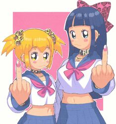  2girls :3 blonde_hair blue_eyes blue_hair blue_skirt blunt_bangs bow choker closed_mouth crop_top ear_piercing earrings gyaru hair_ornament hair_scrunchie hairbow hoop_earrings inkerton-kun jewelry long_hair long_sleeves looking_at_viewer middle_finger midriff multiple_girls nail_polish necklace piercing pink_nails pipimi pleated_skirt poptepipic popuko sailor_collar school_uniform scrunchie serafuku simple_background skirt two-tone_background yellow_eyes 