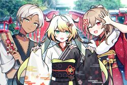  1boy 1other asa_no_ha_(pattern) blonde_hair brown_hair choker commentary_request dark-skinned_male dark_skin day earrings egasumi fangs female furen_e_lustario green_eyes hagoita hair_between_eyes ibrahim_(nijisanji) japanese_clothes jewelry kimono lantern long_sleeves looking_at_viewer meifu_(nijisanji) melissa_kinrenka nijisanji obi obiage obijime one_eye_closed open_mouth outdoors paddle photo_background ponytail print_kimono red_eyes sash seigaiha skin_fangs smile tongue twintails virtual_youtuber waka_(wk4444) wide_sleeves wooden_lantern yagasuri 