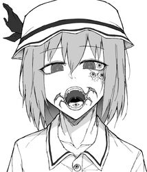  @_@ absurdres collarbone collared_shirt commentary_request cookie_(touhou) extra_ears extra_teeth female greyscale hair_between_eyes hat highres hisaka_(cookie) horror_(theme) iroha_(nicoseiga97312726) looking_at_viewer mob_cap monochrome open_mouth remilia_scarlet shirt short_hair simple_background solo tongue touhou upper_body uvula 