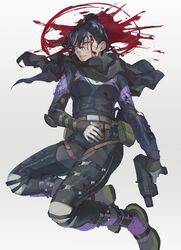  alternator apex_legends black_bodysuit black_hair black_scarf blood blood_on_clothes blood_on_face blue_eyes bodysuit breasts bullet_hole corpse death female gloves grey_gloves gun gunshot_wound hair_behind_ear hair_bun half-closed_eyes highres holding holding_gun holding_weapon medium_breasts parted_lips renee_shika_egakan scarf single_hair_bun solo submachine_gun weapon wraith_(apex_legends) 