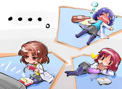  ... 3girls akagi_naoko akagi_naoko_(cosplay) aqua_shirt balthasar_(evangelion) black_skirt blue_skirt blush blush_stickers bottle brown_eyes brown_hair casper_(evangelion) check_commentary chibi closed_eyes coat commentary commentary_request controller cookie cosplay drunk eating elbow_rest food game_console game_controller hand_up hands_up holding holding_controller lying magi_(evangelion) melchior_(evangelion) multiple_girls neon_genesis_evangelion on_back on_side open_mouth pantyhose personification playing_games purple_hair purple_legwear purple_shirt red_hair seiza shinapuu shirt short_hair sitting skirt smile spilling television textless_version white_coat yellow_shirt 