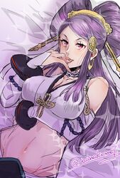  bare_shoulders bracelet breasts choker comb double_bun female fire_emblem fire_emblem_fates hair_bun japanese_clothes jewelry large_breasts nanakome orochi_(fire_emblem) purple_eyes purple_hair solo 