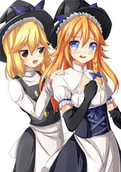  2girls akane_(cookie) black_corset black_eyes black_gloves black_headwear black_skirt black_vest blonde_hair blue_bow blue_eyes blush bow braid breasts cleavage cleavage_cutout clothing_cutout commentary_request cookie_(touhou) corset cowboy_shot elbow_gloves frilled_hat frilled_sleeves frills gloves hair_between_eyes hairbow hand_on_another&#039;s_shoulder hat hat_bow highres kirisame_marisa long_hair long_sleeves looking_at_another looking_at_viewer medium_breasts medium_hair multiple_girls open_mouth purple_bow shirt side_braid simple_background single_braid skirt sweatdrop szk touhou turtleneck vest white_background white_shirt witch_hat yuuhi_(cookie) 