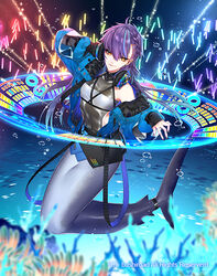  ahoge anchor_choker asymmetrical_bangs black_choker black_skirt blue_jacket braid bubble cardfight!!_vanguard character_request choker commentary_request copyright_notice coral covered_navel female glowstick hair_ornament hairclip hand_on_headphones headphones headphones_around_neck jacket light_particles light_rays long_hair mermaid monster_girl multicolored_hair off_shoulder official_art photoshop_(medium) purple_hair school_of_fish see-through shark_girl single_braid skirt sleeves_past_wrists solo_focus spinel_(9057) strapless streaked_hair tube_top yellow_eyes 