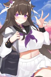  animal_ears artist_logo azur_lane bag bell black_sailor_collar black_thighhighs blue_sky blush breasts cherry_blossoms chinese_commentary closed_mouth cloud commentary_request covered_nipples cow_ears cow_horns cowboy_shot crop_top crop_top_overhang day detached_collar eyebrows_hidden_by_hair female hair_between_eyes hair_ornament hair_ribbon hand_up highres holding_strap horns huge_breasts kashino_(azur_lane) kuroba_chihiro large_breasts long_hair long_sleeves looking_at_viewer midriff miniskirt navel neck_bell neck_ribbon outdoors panties pantyshot pleated_skirt purple_eyes purple_panties purple_ribbon ribbon sailor_collar school_uniform serafuku shoulder_bag sidelocks skirt sky solo standing thighhighs tree underwear waving white_ribbon white_serafuku white_skirt 