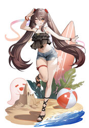  ;p absurdres alternate_costume arm_up ball bare_shoulders beach beachball bead_bracelet beads black_camisole black_nails boo_tao_(genshin_impact) bracelet breasts brown_hair camisole chungla cleavage commentary denim denim_shorts female floating_hair flower frilled_camisole frills full_body genshin_impact ghost hair_flower hair_ornament highres hu_tao_(genshin_impact) jewelry knee_up leaf legs long_hair midriff navel one_eye_closed planted_surfboard plum_blossoms red_eyes salute sand sand_castle sand_sculpture sandals shorts solo standing standing_on_one_leg surfboard symbol-shaped_pupils thigh_strap thighs tongue tongue_out torn_clothes torn_shorts twintails wristband 