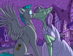  broken_horn closed_eyes clothed clothed_feral clothing cutie_mark dress duo equid equine feathered_wings feathers female feral fetlocks foxenawolf fur goldfur&#039;s_cogsverse green_body green_fur green_hair grey_body grey_fur hair hasbro hooves horn kiss_on_lips kissing lavender_dreams male male/female mammal multicolored_hair my_little_pony mythological_creature mythological_equine mythology night pegasus purple_hair sky spread_wings star starry_sky surprise surprise_kiss two_tone_hair unicorn unicorn_horn whirring_cogs wings 