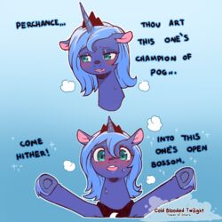  1:1 black_tiara blue_hair blush bodily_fluids cold-blooded-twilight crown dialogue english_text equid equine female friendship_is_magic green_eyes hair hasbro headgear hi_res hooves horn horse humor looking_at_viewer mammal meme my_little_pony open_mouth outstretched_arms pogchamp pony princess_luna_(mlp) purple_body purple_horn purple_skin signature solo sweat talking_to_viewer text tiara ugh_fine_i_guess_you_are_my_little_pogchamp underhoof 