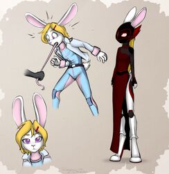  2019 accessory anthro armor astrobun blonde_hair clothed clothing duo female foxyverse hair hair_accessory hairclip headgear helmet hi_res lady_dark lagomorph leporid male mammal mancoin purple_eyes rabbit red_eyes resheem 