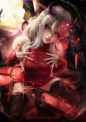  alexandra_mae alternate_costume backlighting bangs banned_artist bare_shoulders black_footwear black_horns black_legwear blush breasts commentary demon_girl demon_horns demon_tail detached_sleeves female hair_between_eyes heart heart-shaped_pupils helltaker high_heels highres horns large_breasts lips long_hair long_sleeves looking_at_viewer modeus_(helltaker) nail_polish one_knee parted_lips red_eyes red_nails red_sleeves red_sweater ribbed_sweater shoes silver_hair sleeveless sleeveless_sweater solo sweater symbol-shaped_pupils tail teeth thighhighs turtleneck 