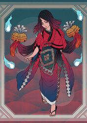  absurdres asymmetrical_clothes bell blue_fire bow female fire floating_hair framed full_body gradient_hair hair_bell hair_ornament highres horns ichi_asakura japanese_clothes kimono md5_mismatch multicolored_hair nail_polish onmyoji parted_bangs parted_lips red_eyes sandals single_horn solo source_mismatch tasuki zashiki_warashi_(onmyoji) zouri 