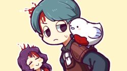  2boys animal_on_shoulder aqua_hair bird bird_on_shoulder bleeding bleeding_from_forehead blood blood_spray closed_eyes closed_mouth collared_shirt commentary_request e.g.o_(project_moon) employee_(project_moon) frown grey_shirt hatake_shimeji jacket lobotomy_corporation long_hair long_sleeves male_focus multiple_boys necktie no_nose outline project_moon punishing_bird purple_hair red_jacket shirt short_hair simple_background smile sweat white_bird white_necktie white_outline yellow_background 