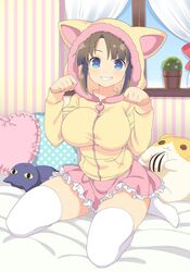  :3 animal_hood blue_eyes blush breasts brown_hair curtains english_commentary female frilled_pillow frilled_skirt frills fur_trim hamster heart heart-shaped_pillow highres hood hooded_jacket jacket looking_at_viewer miniskirt minori_(senran_kagura) official_art on_bed paw_pose pillow pink_skirt plant polka_dot potted_plant senran_kagura senran_kagura_new_wave senran_kagura_shinovi_versus sitting skirt smile solo stuffed_animal stuffed_cat stuffed_hamster stuffed_toy teeth thighhighs third-party_source wallpaper_(object) wariza white_thighhighs window windowsill yaegashi_nan yellow_jacket 