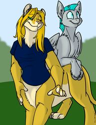  blonde_hair bottomless breasts chakat clothed clothing duo equid equine feathered_wings feathers feet felid felid_taur female feral fetlocks fingerless_(marking) foxenawolf fur goldfur goldfur&#039;s_cogsverse green_eyes green_hair grey_body grey_fur hair herm_(lore) hooves male mammal mammal_taur mythological_creature mythological_equine mythology outside pegasus pink_nose smile taur toeless_(marking) whirring_cogs wings yellow_body yellow_fur 