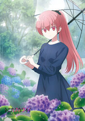  absurdres blue_dress blurry blurry_background blurry_foreground breasts closed_mouth copyright_name depth_of_field dress english_text female flower hair_between_eyes hair_ribbon highres holding holding_umbrella hydrangea jewelry logo long_dress long_hair long_sleeves looking_at_viewer outdoors pink_hair ponytail rain red_eyes ribbon ring sasaki_masakatsu shadow sidelocks small_breasts smile solo standing tonikaku_kawaii tree umbrella wedding_ring yuzaki_tsukasa 