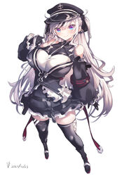  2021 absurdres azur_lane bad_perspective bare_shoulders black_dress black_footwear black_gloves black_hat black_ribbon black_thighhighs boots breasts clothing_cutout cross dated dress elbe_(azur_lane) female full_body gloves hair_ribbon hat highres iparupua iron_cross large_breasts layered_dress leotard long_hair looking_at_viewer peaked_cap puffy_sleeves purple_eyes ribbon shoulder_cutout simple_background solo thighhighs two-tone_dress very_long_hair white_background white_leotard zettai_ryouiki 