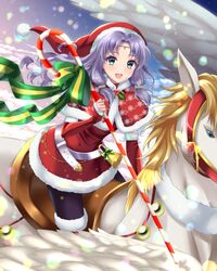  :d absurdres alternate_costume bell blue_eyes candy candy_cane christmas circlet detached_sleeves dress female fire_emblem fire_emblem:_the_blazing_blade florina_(fire_emblem) food fur_trim green_ribbons hat highres holding holding_candy holding_candy_cane holding_food huey_(fire_emblem) kakiko210 long_hair looking_at_viewer open_mouth parted_bangs pegasus purple_hair red_dress ribbon saddle santa_costume santa_hat smile 