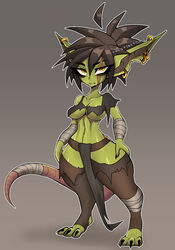  big_ears black_claws bottomwear breasts claws clothing ear_piercing ear_ring eye_scar facial_scar fangs female glistening glistening_body goblin green_body green_skin hi_res humanoid humanoid_pointy_ears hybrid legwear loincloth long_tail looking_at_viewer mammal medium_breasts multiple_ear_ring multiple_piercings murid murine piercing rat ring_piercing rodent scar solo tail teeth topwear torn_clothing torn_legwear torn_topwear twistingtoxic wide_hips 