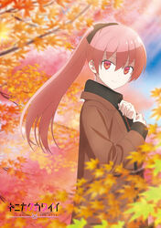  absurdres autumn_leaves black_sweater blurry blurry_background blurry_foreground branch brown_jacket copyright_name cowboy_shot english_text female from_side hair_between_eyes hair_ribbon highres jacket logo long_hair looking_at_viewer looking_to_the_side outdoors pink_hair ponytail red_eyes ribbed_sweater ribbon sasaki_masakatsu shadow sidelocks smile solo sweater sweater_under_jacket tonikaku_kawaii tree yuzaki_tsukasa 