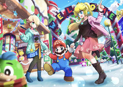  1boy 2girls ?_block absurdres alternate_costume belt bird birdo black_legwear black_shirt blonde_hair blue_eyes blue_footwear blue_hair blue_hoodie blue_overalls blue_skirt blush boo_(mario) boots box broozer brown_footwear brown_hair cape_feather_(mario) carrot_(mario) christmas christmas_ornaments christmas_tree closed_mouth clothes_around_waist clothes_writing cloud commentary_request crown day drawstring earrings english_text facial_hair fire_flower fly_guy food_print full_body fur_trim gift gift_box gloves goombario goombella hair_over_one_eye hat high_heel_boots high_heels highres holding_hands hood hood_down hoodie ice_flower jacket jewelry koopa_troopa leg_up long_hair long_sleeves mario mario_(series) merugamu_melgum moustache mr._blizzard multiple_girls mushroom_print necklace open_clothes open_hoodie open_jacket open_mouth outdoors overalls pantyhose paper_mario paper_mario:_the_thousand_year_door paper_mario_64 pearl_earrings pink_jacket pink_skirt piranha_plant plaid plaid_skirt pleated_skirt pointing poison_mushroom_(mario) pokey_(mario) ponytail pow_block princess_peach print_hoodie print_shirt print_skirt red_headwear red_shirt rosalina scarf shared_clothes shared_scarf shirt shiverian shoes short_hair skirt sleeves_past_wrists smile snow snowing spike_(mario) standing star_(symbol) star_earrings star_print super_acorn super_bell super_leaf super_mario_odyssey super_star_(mario) sweat sweater sweater_around_waist thighhighs white_gloves white_shirt yoshi 