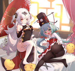  2girls absurdres aqua_hair ass azur_lane black_pantyhose blunt_bangs bugegehaibugouse calligraphy calligraphy_brush china_dress chinese_clothes chinese_commentary closed_mouth commentary_request curtains dress elbow_gloves feet full_body gloves glowworm_(azur_lane) glowworm_(jokey_adjudicator)_(azur_lane) green_eyes grey_hair hair_ribbon hat highres indoors ink_on_face looking_at_viewer low_twintails manjuu_(azur_lane) multiple_girls no_shoes oerba_yun_fang official_alternate_costume oil-paper_umbrella open_mouth paintbrush pantyhose red_eyes red_ribbon ribbon side_slit skin_fang smile tattoo thighband_pantyhose thighhighs twintails two_side_up umbrella white_hair white_thighhighs window z46_(azur_lane) z46_(jianzhi_fantasia)_(azur_lane) 