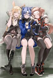  3girls aged_up animal_ears arknights arm_grab asymmetrical_legwear bare_legs beagle_(arknights) beagle_(dreadnaught)_(arknights) belt black_footwear black_legwear black_scarf blue_jacket boots breasts brown_belt brown_footwear brown_shirt closed_eyes closed_mouth commentary_request cross-laced_footwear cup disposable_coffee_cup disposable_cup dog_tail fang_(arknights) fang_(cruciata)_(arknights) full_body fur-trimmed_jacket fur_trim hair_between_eyes hand_up highres holding holding_cup jacket knee_boots kneehighs kroos_(arknights) kroos_the_keen_glint_(arknights) lace-up_boots light_brown_hair long_sleeves medium_breasts mismatched_legwear multiple_belts multiple_girls official_alternate_costume okome_(okome9219) open_mouth parted_lips plaid plaid_scarf quiver rabbit_ears red_jacket scarf shirt shoes short_hair short_sleeves shorts sitting smile sneakers socks tail teeth thigh_boots thighhighs upper_teeth_only v white_shirt 