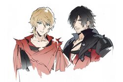  2boys arashiko_falcom beard black_cape black_hair blonde_hair blue_eyes brothers cape clive_rosfield cloak facial_hair final_fantasy final_fantasy_xvi joshua_rosfield looking_at_viewer male_focus multiple_boys red_cloak scar scar_on_face siblings simple_background spoilers stubble upper_body white_background 