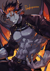  1boy abs azaya_(kuroi_azaya) bara bat_wings belt belt_collar black_hair black_horns collar colored_skin cowboy_shot cropped_jacket demon_boy fingernails grey_skin horns looking_at_viewer male_focus multicolored_hair muscular muscular_male no_shirt orange_eyes orange_hair orange_nails original pectorals pointy_ears sharp_fingernails short_hair smile solo stomach twitter_username two-tone_hair wings 