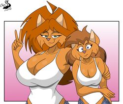  anthro breasts chrisandcompany cleavage clothed clothing daryl_vecat domestic_cat duo felid feline felis female hi_res mammal neve_vecat 