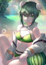  bare_shoulders belt bikini black_hair breasts bun_cover cleavage collarbone double_bun fate/grand_order fate_(series) female food fruit green_bikini green_eyes green_ribbons hair_bun hair_ribbon highres jacket kaze_minoru_so-ru large_breasts long_sleeves looking_at_viewer navel open_clothes open_jacket qin_liangyu_(chainsaw_of_the_dead)_(fate) qin_liangyu_(fate) ribbon sidelocks sitting solo swimsuit thighs watermelon white_jacket 