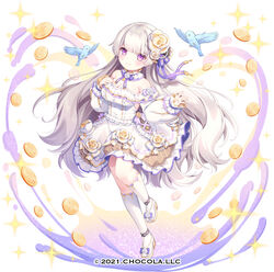  animal bad_id bad_pixiv_id bare_shoulders bird blush closed_mouth coin commentary_request copyright_notice dress female flower frilled_dress frills full_body hair_flower hair_ornament hands_up heart highres komachi_pochi long_hair long_sleeves off-shoulder_dress off_shoulder official_art puffy_long_sleeves puffy_sleeves purple_eyes shoes sleeves_past_wrists smile socks solo sparkle sugar_conflict vasilopita_(sugar_conflict) very_long_hair watermark white_background white_dress white_flower white_footwear white_hair white_socks 