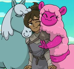  2021 alpaca alpaca_taur armor camelid camelid_taur centaurworld centinel303 closed_eyes equid equine female feral group happy horse horse_(centaurworld) hug human mammal mammal_taur netflix pauldron rider_(centaurworld) sky skyscape smile taur wammawink 