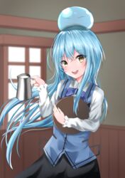  2others :d absurdres androgynous blue_hair blurry blurry_background commentary cosplay dual_persona gochuumon_wa_usagi_desu_ka? hair_between_eyes highres kafuu_chino kafuu_chino_(cosplay) long_hair long_sleeves looking_at_viewer multiple_others open_mouth pitcher_(container) rabbit_house_uniform ribbon rimuru_tempest rimuru_tempest_(slime) ryouma_(taso) slime_(creature) smile tensei_shitara_slime_datta_ken very_long_hair yellow_eyes 