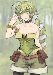  absurdres bad_id bad_twitter_id bare_shoulders black_pantyhose bow breasts choker closed_mouth female green_eyes green_hair hair_ribbon highres jewelry long_hair multi-tied_hair pantyhose pantyhose_under_shorts ponytail ribbon saga saga_frontier_2 shimura_(hosshi) shorts smile solo very_long_hair virginia_knights 