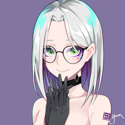  absurdres bad_id bad_pixiv_id black-framed_eyewear black_choker black_gloves choker closed_mouth collarbone commentary_request darling_in_the_franxx derivative_work eyebrows_hidden_by_hair eyeshadow female glasses gloves green_eyes grey_hair hands_up highres ikuno_(darling_in_the_franxx) interlocked_fingers lam_(style) looking_at_viewer makeup multicolored_hair nude parted_bangs purple_background purple_eyeshadow purple_hair signature simple_background smile solo two-tone_hair upper_body yuuta_(yuuta0312) 