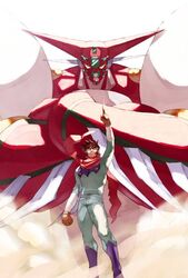  1boy brown_gloves crossed_arms dust dust_cloud getter_robo gloves looking_at_viewer male_focus mecha nagare_ryoma pilot_suit pointing pointing_up red_scarf robot scarf science_fiction shin_getter-1 shin_getter_robo smirk super_robot vldhomecenter yellow_eyes 