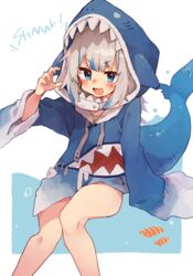  animal_hood blue_eyes blue_hair blue_nails blush commentary english_text female fins fish_tail gawr_gura gawr_gura_(1st_costume) grey_hair hololive hololive_english hood hood_up hoodie long_hair multicolored_hair nail_polish open_mouth rimukoro shark_girl shark_hood shark_tail sharp_teeth short_hair simple_background solo streaked_hair symbol-only_commentary tail teeth two-tone_background virtual_youtuber wide_sleeves 