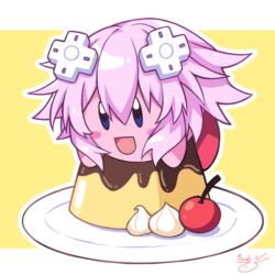  binato_lulu blush cosplay food happy kirby kirby_(series) multicolored_hair neptune_(neptunia) neptune_(neptunia)_(cosplay) neptune_(series) pink_hair pudding purple_hair short_hair smile solo streaked_hair 