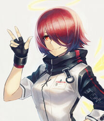  a-er_(akkij0358) arknights black_gloves breasts commentary exusiai_(arknights) female fingerless_gloves gloves grey_background hair_over_one_eye halo hand_up high_collar highres id_card jacket looking_at_viewer photoshop_(medium) raglan_sleeves red_eyes red_hair short_hair short_sleeves simple_background small_breasts smile solo upper_body w white_jacket 